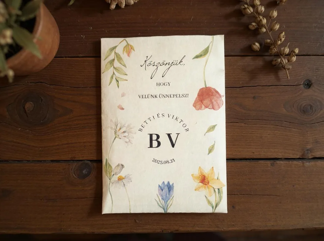 Monogramos botanikus virágmag esküvői köszönetajándék tasak, Köszönjük, hogy velünk ünnepeltél felirattal