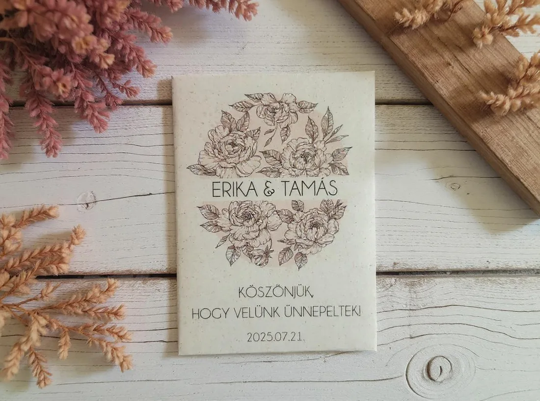 Erika és Tamás vonalrajzos rózsakoszorús virágmag esküvői köszönetajándék tasak